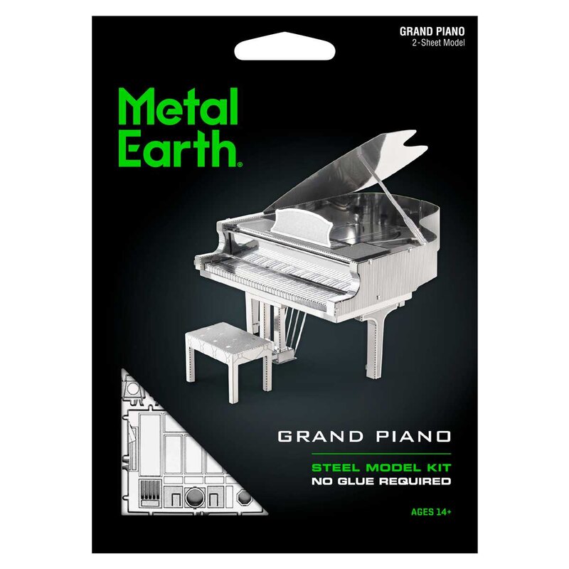 MetalEarth Musik: PIANO TO QUEUE 7.5x5.9x6.8cm, Metall 3D Modell mit 2 Blättern, auf Karte 12x17cm, 14+