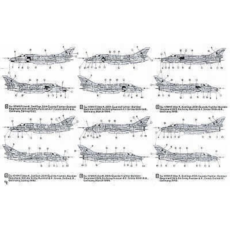 Sukhoi Su-17M4 Fitter K. (6) USSR allemand 20th Guards Fighter-Bomber Regt. 1992-94 in various camouflage schemes . Yellow 27 wi