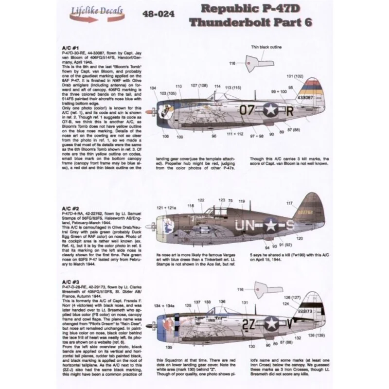 Republic P-47D Thunderbolt Noseart (3) Razorback 42-22762 UN-S 63FS/56FG Lt Samuel Stamps `Tinkle Bubble 44-33087 O7-R 514FS/40