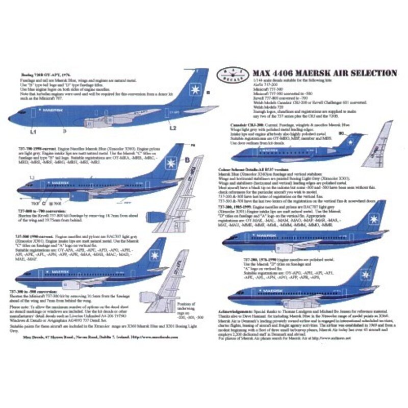 Maersk Air Fleet. Includes Boeing 720B OY-APY and allemand Boeing 737-200 Boeing 737-300 Boeing 737-500 Boeing 737-700 and Canad