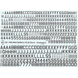 Decal RAF pre-war black serial letters and numerals 18 20 24 in standard width styles (RAF codes/RAF code letters/RAF serial n