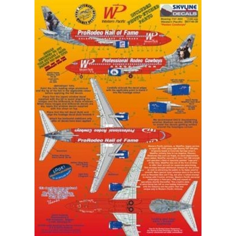 Boeing 737-300 WP Western Pacific N375TA ProRodeo Hallemand of Fame/Professional Rodeo Cowboys includes photo etch parts.Designe