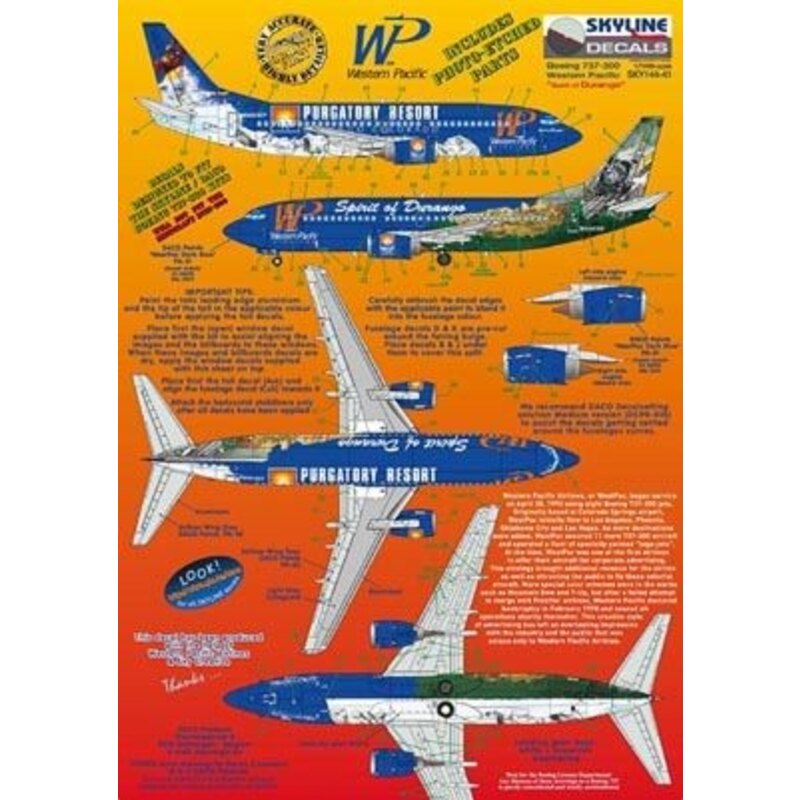 Boeing 737-300 WP Western Pacific N946WP Spirit of Durango/Purgatory Resort includes photo etch parts. Designed to fit Skyline k