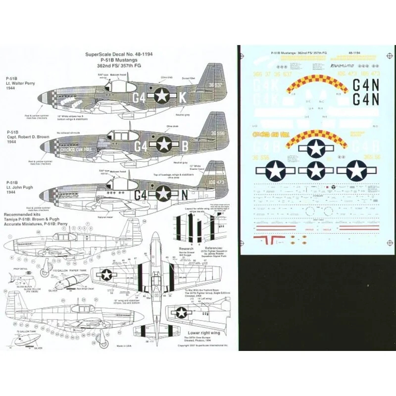 North American P-51B Mustangs 362 FS/357 FG 1944 (3) 43-6637 G4-K Lt Walter Perry `Quick Check 106473 G4-N Lt J.Pugh `Geronimo