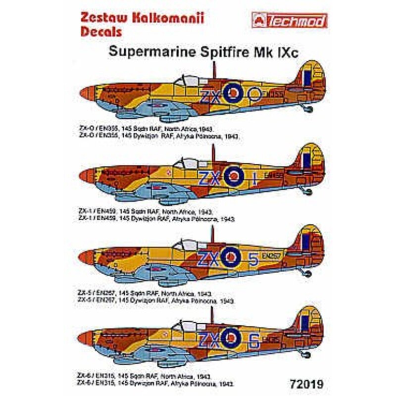 Supermarine Spitfire Mk.IXc (4) 145 Polish Sqd North Africa 1943. EN459 ZX-1 EN355 ZX-O EN267 ZX-5 EN315 ZX-6. allemand Dark Ear