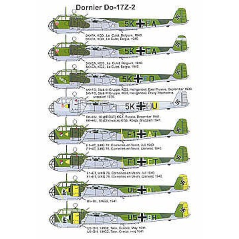 Dornier Do 17Z-2 (8) 5K+EA or 5K+FA KG3 Belgium 1940 5K+FD Stab III KG3 E. Prussia 1939 5K+HU KG3 Russia 1941 F1+AT or F1+ET 9/K