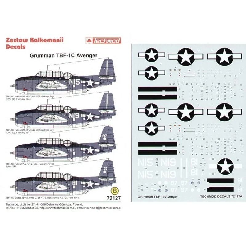 Grumman TBF-1C Avenger (4) N15 and N19 VC-63 USS Natoma Bay 1944 81 and 97 VT-2 USS Hornet 1944 allemand Sea Blue/Intermediate B