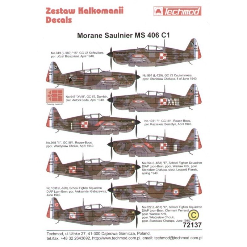 Morane Saulnier MS 406 C1 Armee d lAir flown by Polish pilots 1940.(8) L980 GC 1:2 Josef Brzezinski L720 GC 1:2 S.Chalupa No 94