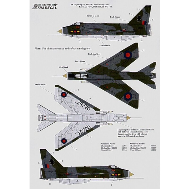 BAC/EE Lightning F.3 XR720/M 11 Sqn RAF Binbrook 1973-76. Green/Grey camouflage