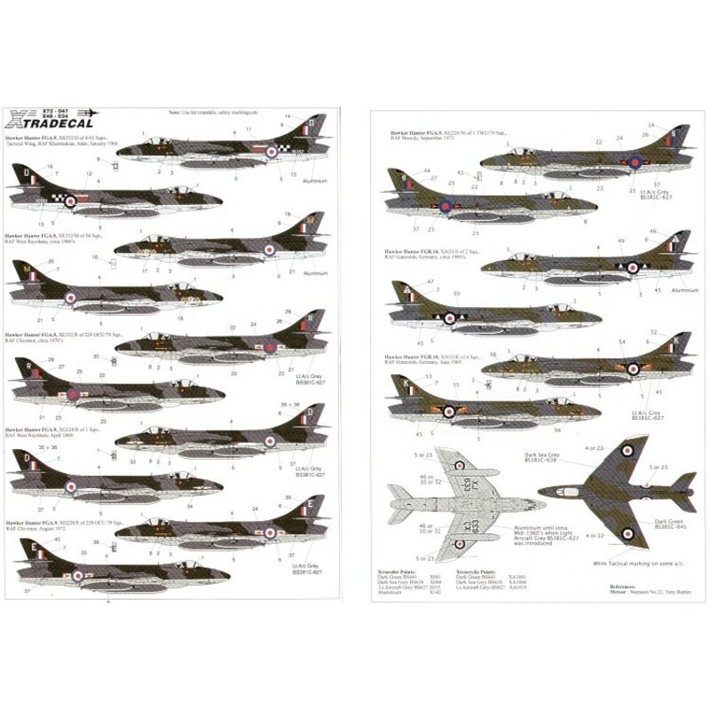 Hawker Hunter FGA.9/FR.10 (7 Sqns 3 a/c) XE552/M 54 Sqn D/8/43 Sqns R/229OCU/79 Sqn allemand r/w/b roundels XG228/D 1 Sqn E/229O