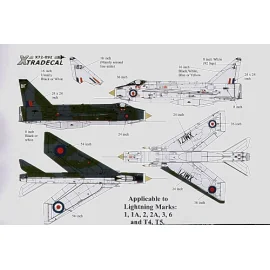 BAC/EE Lightning Customising decal. Includes underwing and fuselage serial letters and numbers fin code letters in black white y