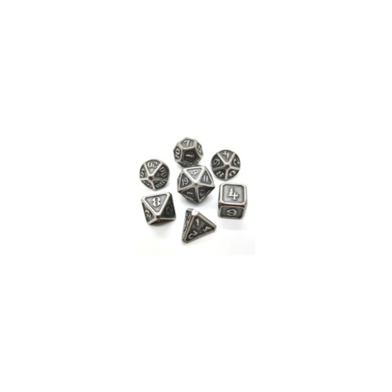 Metallwürfel – Mini-Set mit 7 Würfeln (14 mm) – glänzendes Silber