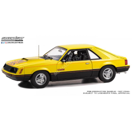FORD MUSTANG COBRA COUPE 1979 YELLOW WITH BLACK AND RED COBRA STRIPES AND LOGO Miniatur 