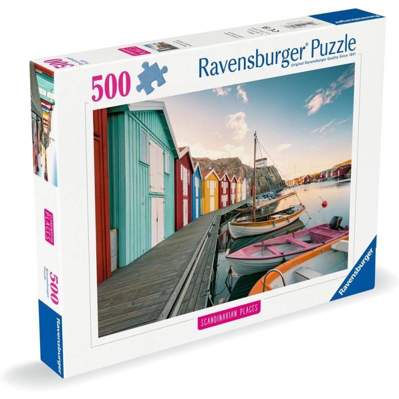 Puzzle 500 Teile – Schwimmende Häuser in Smögen, Schweden (Highlight-Puzzle, skandinavisch)