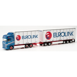 SCANIA 6x2 CR 20 HD mit Dolly und 3-Achs-EUROLINK-Anhänger blau Modellbau 