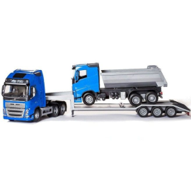 VOLVO FH16 6x4 blau mit 3-Achs-Transporter und 6x4-Muldenkipper Modellbau 