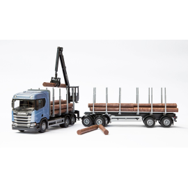 SCANIA R450 6x4 blau mit Ladekran und Holztransportanhänger Modellbau 