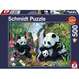 500-teiliges Puzzle Die Panda-Familie am Wasserfall 