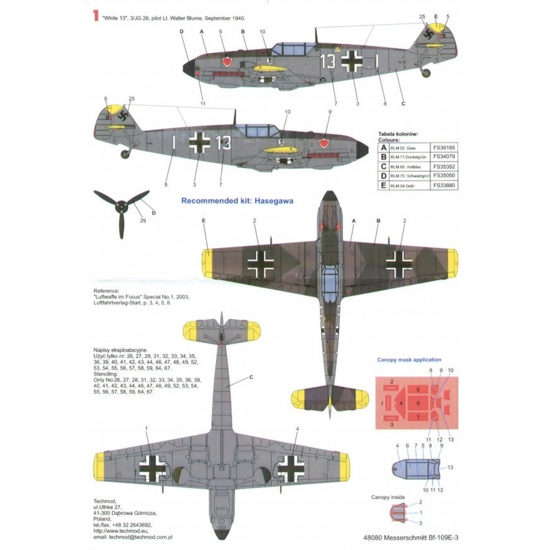 Messerschmitt Bf 109E-3 (3) White 13 3/JG26 Lt Walter Blume 1940 RLM 02/72/65; &lt; 1/JG 3 Udet Lt Hans Hahn 1939 RLM 70/71/65; 