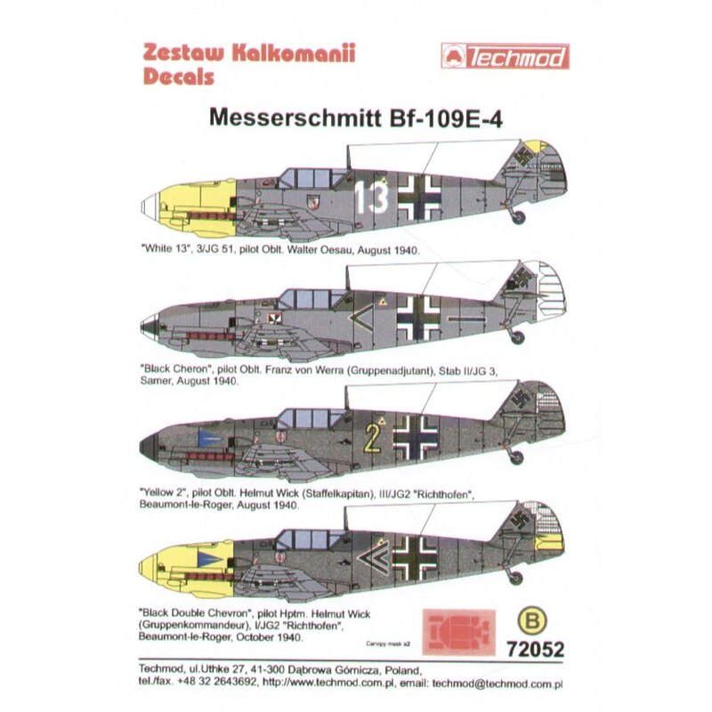 Messerschmitt Bf 109E-4 (4) White 13 3/JG 51 Oblt Walter Oesau yellow nose 8/1940; Black &lt; Stab II/JG 3 Oblt Franz von Werra 