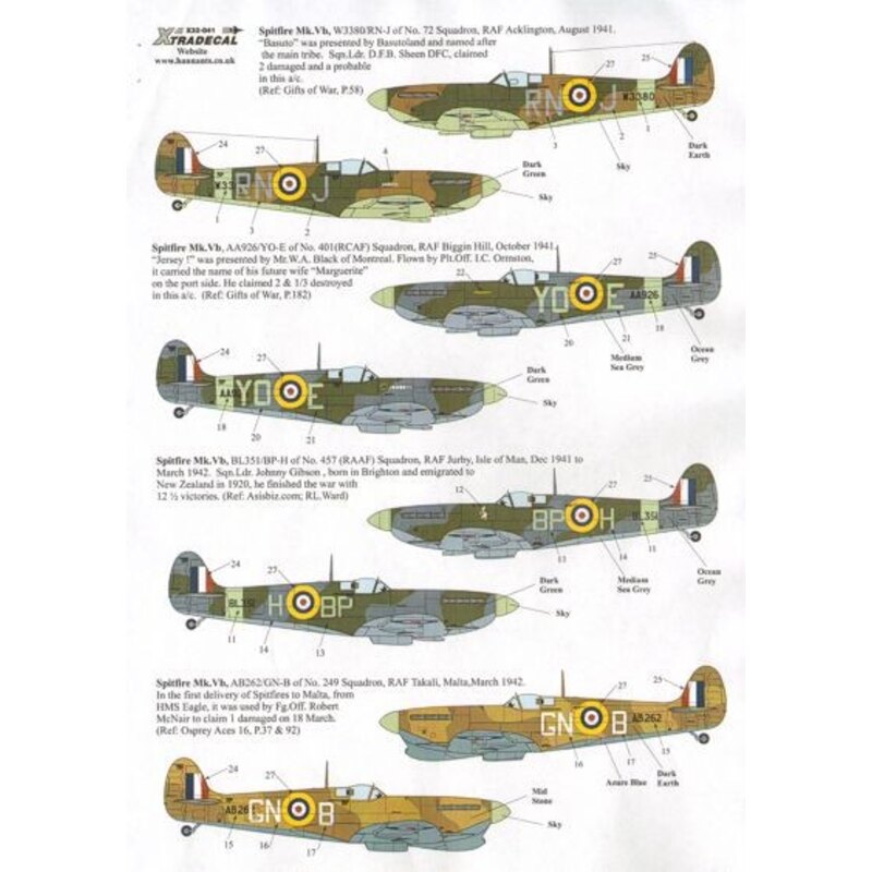 Supermarine Spitfire Mk.Vb early (5) BM124 LO-W 602 Sqn Queen Salote S/L B.E.F.Finucane RAF Kenley; BL351 BP-H 457 (RAAF) Sqn 