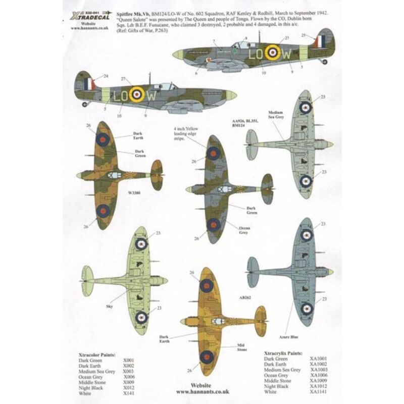 Supermarine Spitfire Mk.Vb early (5) BM124 LO-W 602 Sqn Queen Salote S/L B.E.F.Finucane RAF Kenley; BL351 BP-H 457 (RAAF) Sqn 