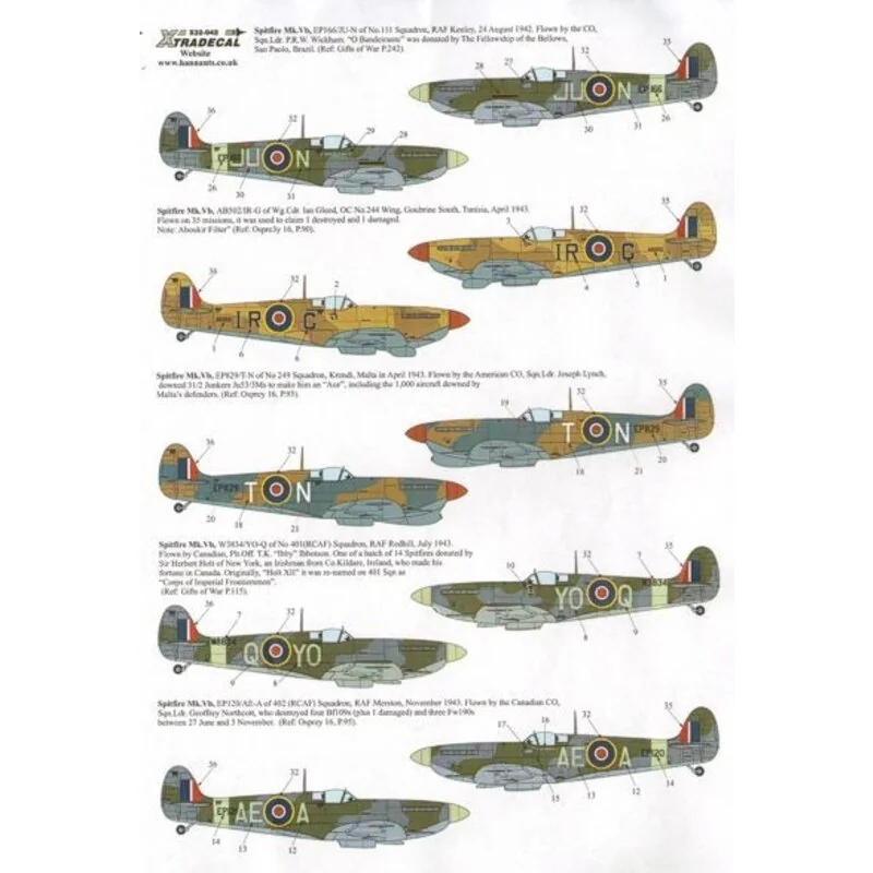 Supermarine Spitfire Mk.Vb late (6) EP166 JU-N 111 Sqn S/Ldr P.R.W.Wickham O Bandeirante 1942; W3843 YO-Q 401 (RCAF) P/O Ibby 