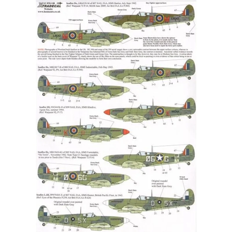 Supermarine Seafire Mk.II/Mk.III/Mk.XV/Mk.XVII (11) Mk.IIc LR642 8-M 807 NAS HMS Battler 1942; MB249 7-B 880 NAS HMS Indomitable