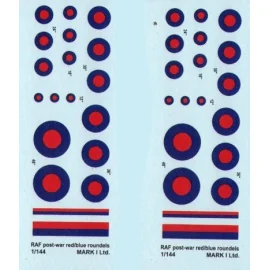 RAF Post-war Red & Blue roundels, 2 sets diameter: 12, 18, 24, 30, 36, 48˝, 8˝ and 18˝ fin flash stripes