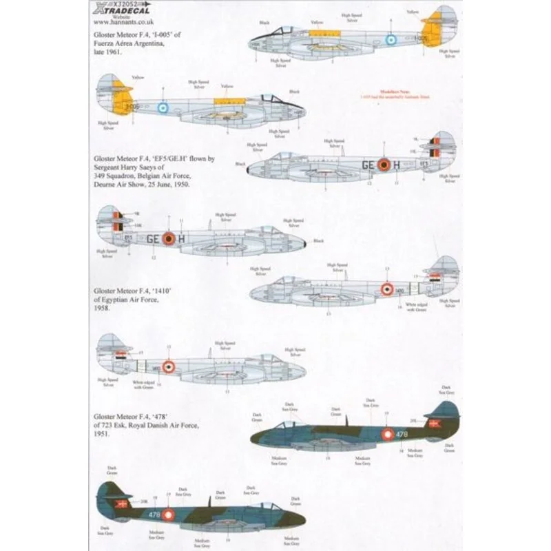 Gloster Meteor F.4 with Overseas Operators (4) Fuerza Aerea Argentina I-005 with yellow trim 1961- Belgian AF EF5 GE-H 49 Sqn fl