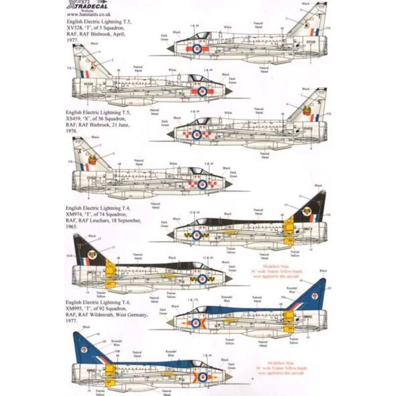 EE/BAC Lightning T.4/T.5 Part 1 (9) Mk.T.4 XM974/T 74 Sqn Black fin and spine RAF Leuchars 1965 - XM995/T 92 Sqn Blue fin and sp