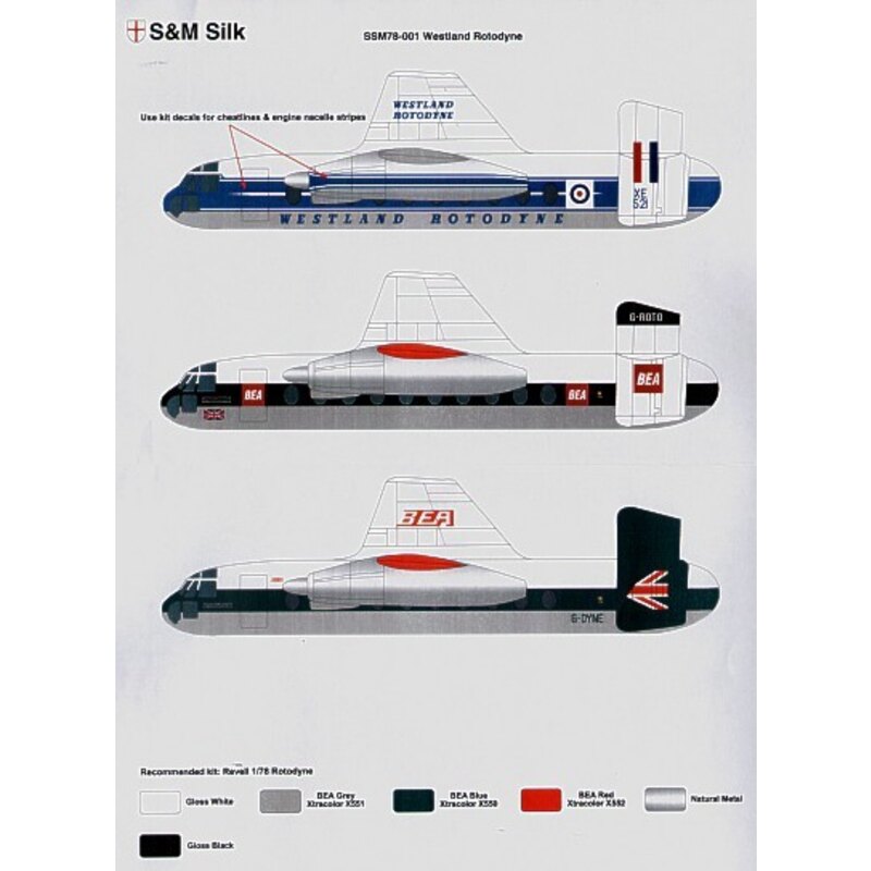 Fairey / Westland Rotodyne. Auswahl von drei Regelungen für XE521 in RAF Markierungen - G-ROTO in BEA Roten Platz Schema oder G-