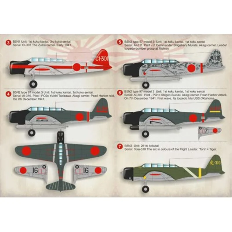 Nakajima B5N Kate 1. B5N1 Einheit: 1. Koku Kantai, 4. Koku sentai Seriell: DI-362. Ryujo Träger, 1941,2. B5N2 Kate Skokaku Träge