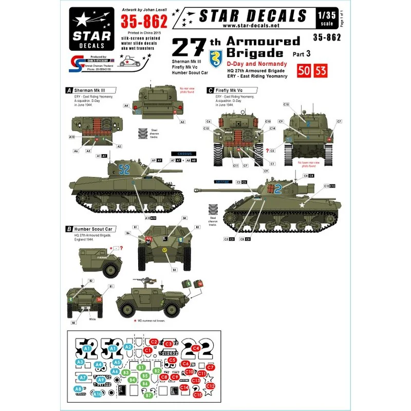 27. Panzerbrigade, D-Day und Normandy.Brigade HQ und East Riding YeomanrySherman Mk III. Cassius.Firefly Mk Vc. Spitfire.Humber 