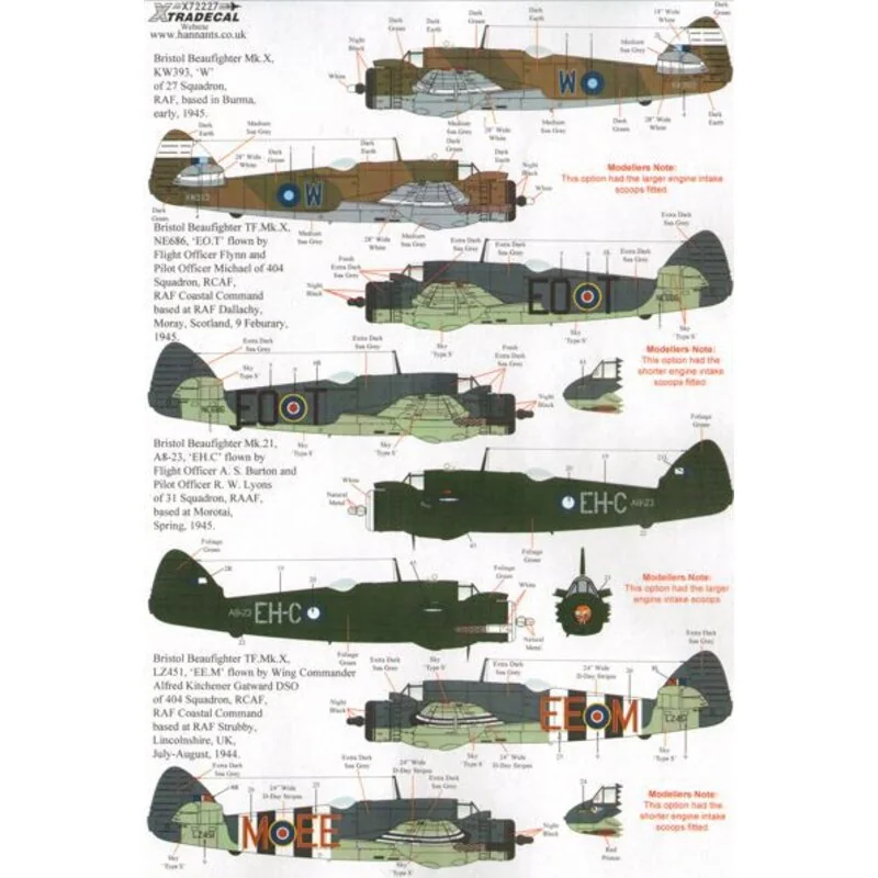 Bristol Beaufighter Mk.XX72227 Bristol Beaufighter Mk.X, TF Mk.X, Mk.21, TT Mk.21 (10) Mk.X KW393 / W 27 Sqn Burma 1945 - LZ293 